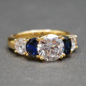 Gold Vermeil Five Stone Ring with Sapphires and Cubic Zirconias Size 7